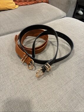 Amazon Essentials Women's Belt Set in Black & Tan with Gold Buckles